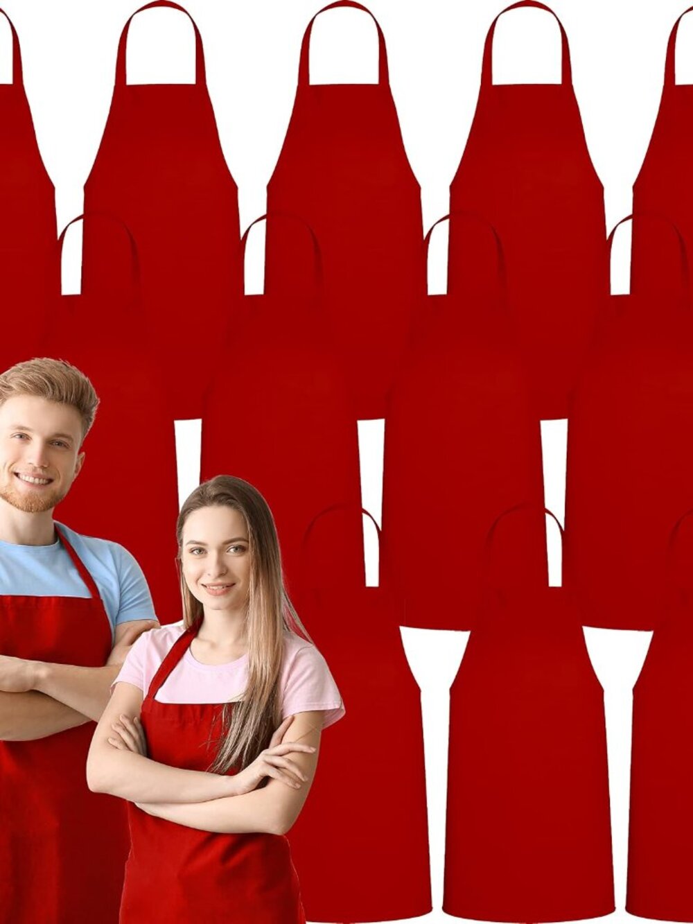 12 Pack Bib Apron - Unisex Red Aprons, Machine Washable Aprons for Men and Women